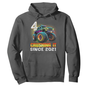 Monster Truck Birthday Hoodie Happy 4th Bday Party 4 Years Old Boy TS02 Dark Heather Print Your Wear