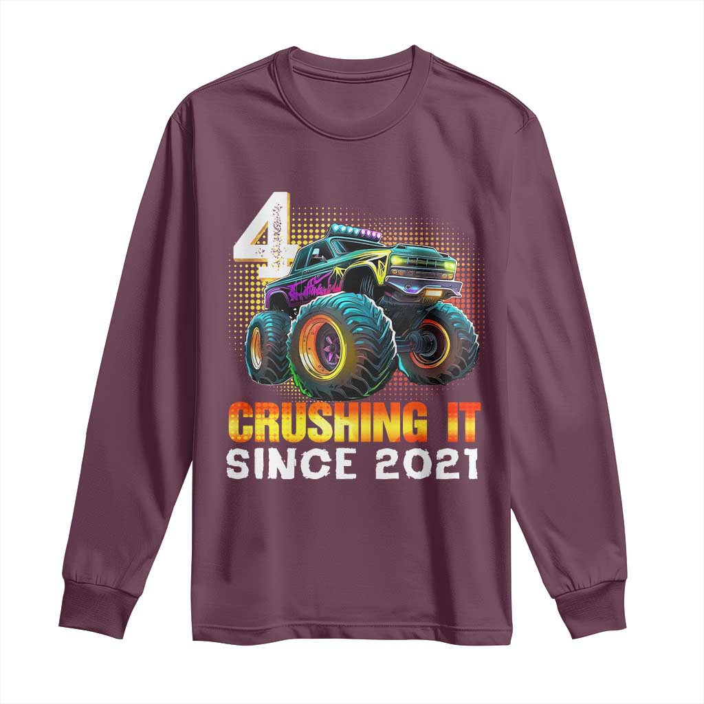 Monster Truck Birthday Long Sleeve Shirt Happy 4th Bday Party 4 Years Old Boy TS02 Maroon Print Your Wear
