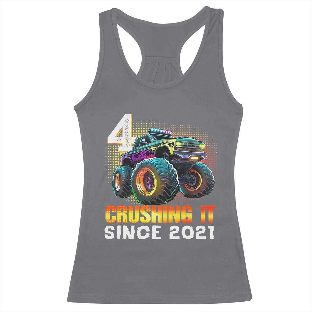 Monster Truck Birthday Racerback Tank Top Happy 4th Bday Party 4 Years Old Boy TS02 Charcoal Print Your Wear