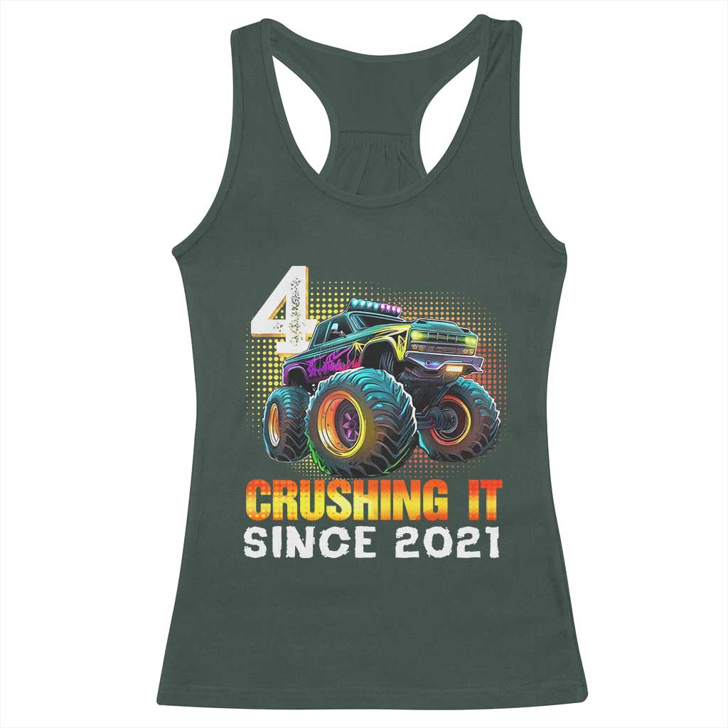 Monster Truck Birthday Racerback Tank Top Happy 4th Bday Party 4 Years Old Boy TS02 Dark Forest Green Print Your Wear