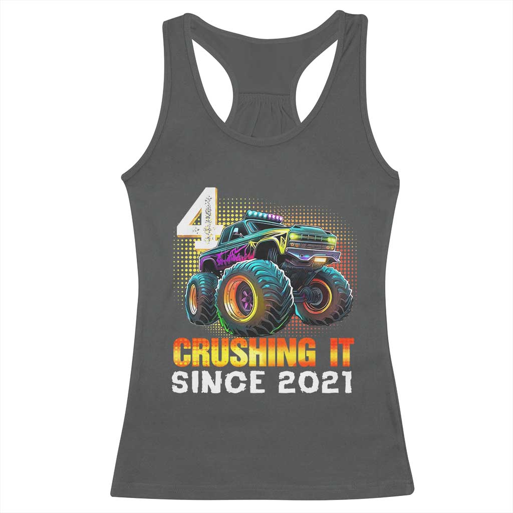 Monster Truck Birthday Racerback Tank Top Happy 4th Bday Party 4 Years Old Boy TS02 Dark Heather Print Your Wear