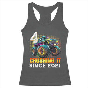 Monster Truck Birthday Racerback Tank Top Happy 4th Bday Party 4 Years Old Boy TS02 Dark Heather Print Your Wear