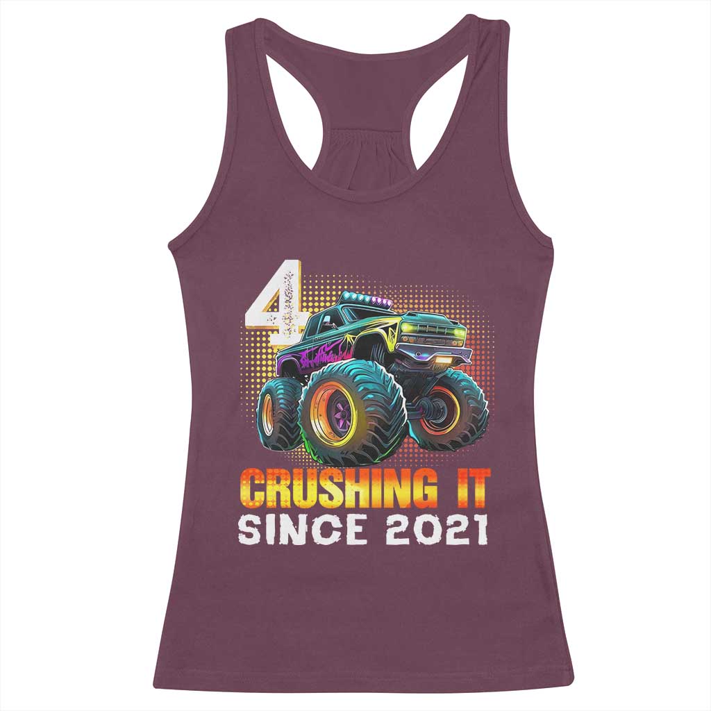 Monster Truck Birthday Racerback Tank Top Happy 4th Bday Party 4 Years Old Boy TS02 Maroon Print Your Wear