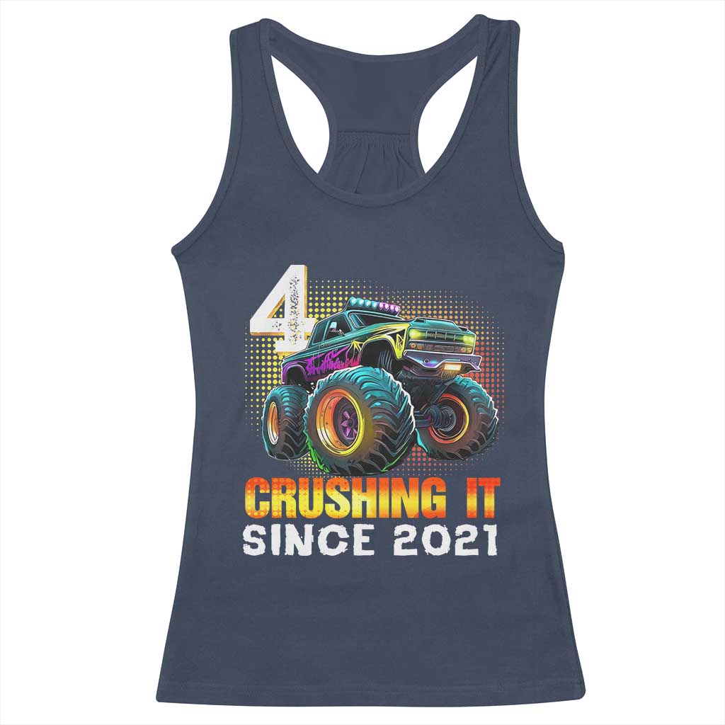 Monster Truck Birthday Racerback Tank Top Happy 4th Bday Party 4 Years Old Boy TS02 Navy Print Your Wear