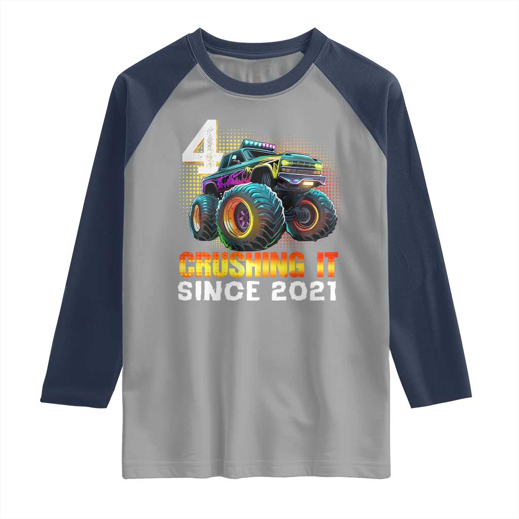 Monster Truck Birthday Raglan Shirt Happy 4th Bday Party 4 Years Old Boy TS02 Sport Gray Navy Print Your Wear