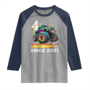 Monster Truck Birthday Raglan Shirt Happy 4th Bday Party 4 Years Old Boy TS02 Sport Gray Navy Print Your Wear