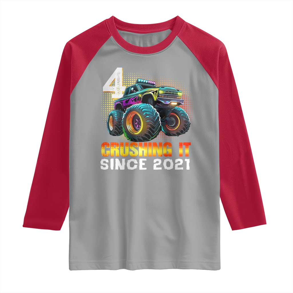 Monster Truck Birthday Raglan Shirt Happy 4th Bday Party 4 Years Old Boy TS02 Sport Gray Red Print Your Wear