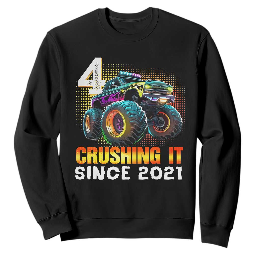Monster Truck Birthday Sweatshirt Happy 4th Bday Party 4 Years Old Boy TS02 Black Print Your Wear