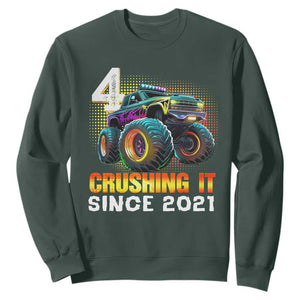 Monster Truck Birthday Sweatshirt Happy 4th Bday Party 4 Years Old Boy TS02 Dark Forest Green Print Your Wear