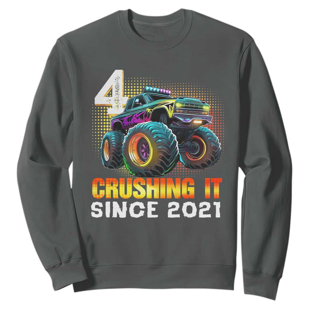 Monster Truck Birthday Sweatshirt Happy 4th Bday Party 4 Years Old Boy TS02 Dark Heather Print Your Wear