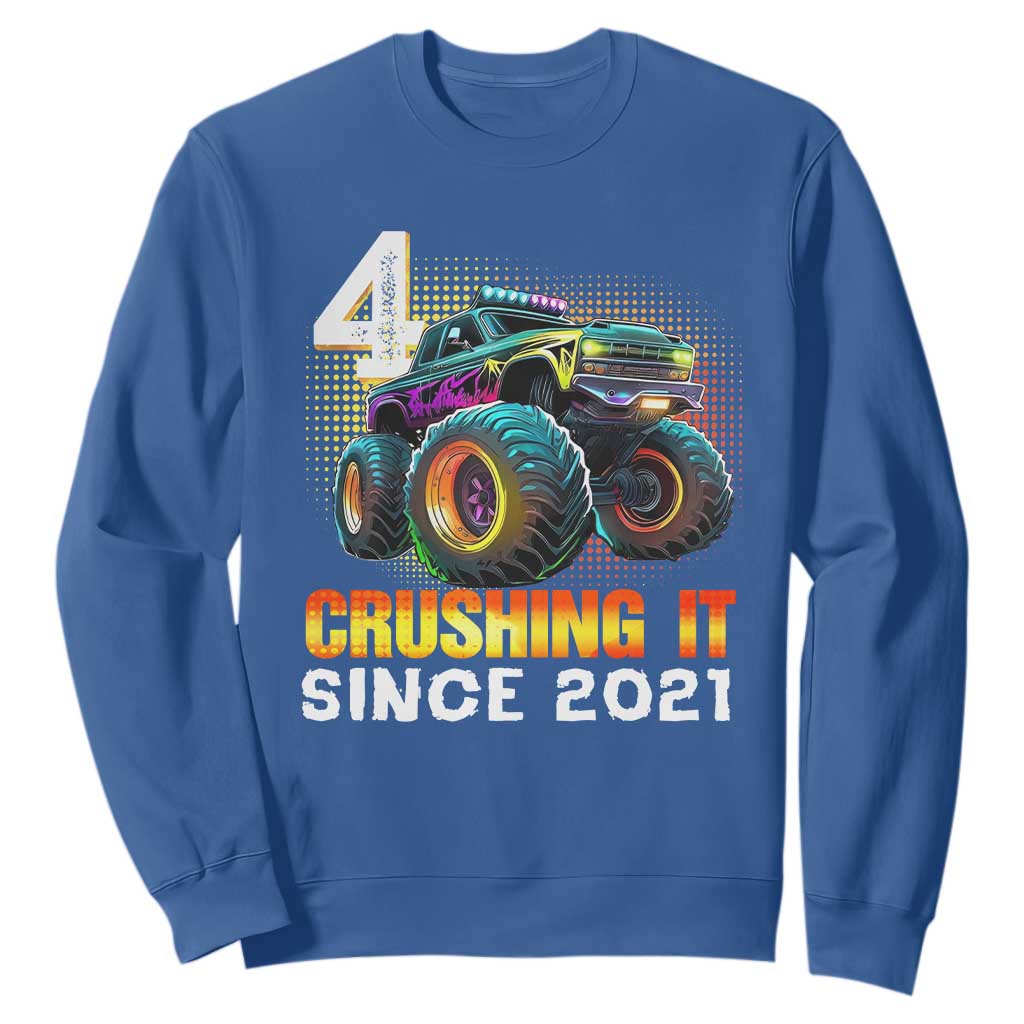Monster Truck Birthday Sweatshirt Happy 4th Bday Party 4 Years Old Boy TS02 Royal Blue Print Your Wear
