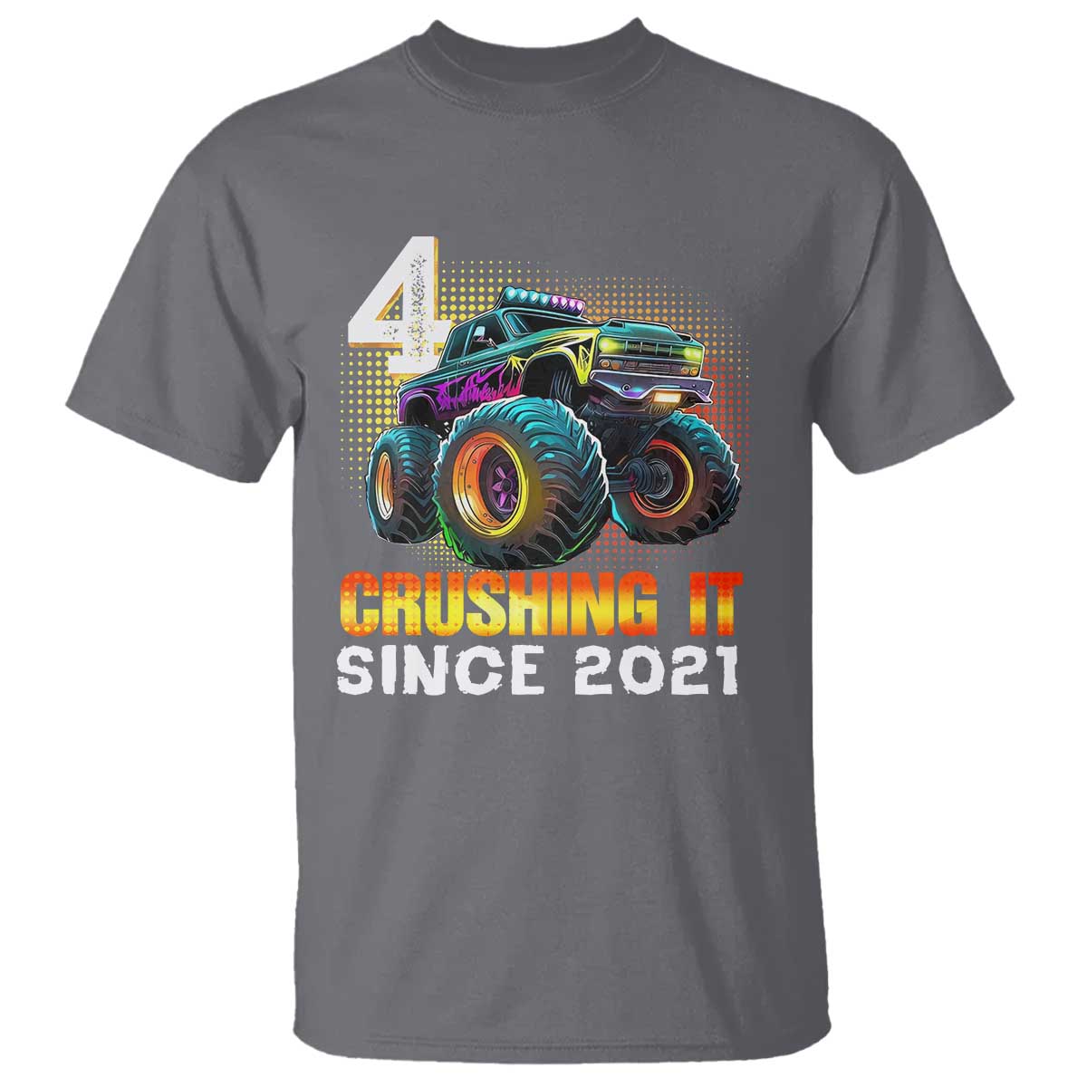 Monster Truck Birthday T Shirt Happy 4th Bday Party 4 Years Old Boy TS02 Charcoal Print Your Wear