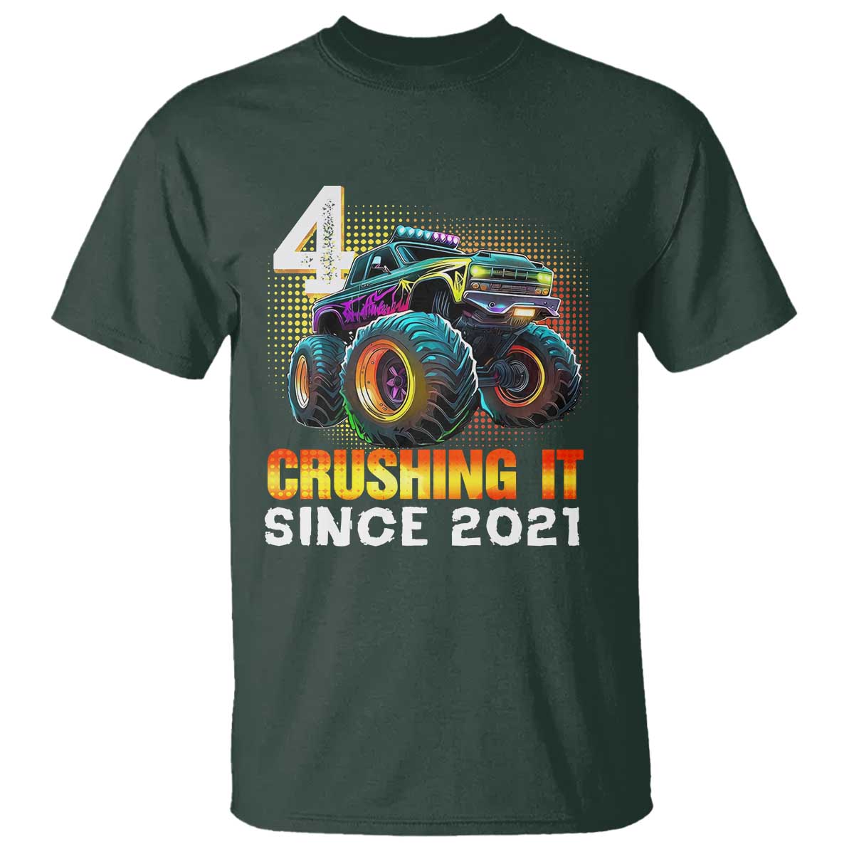 Monster Truck Birthday T Shirt Happy 4th Bday Party 4 Years Old Boy TS02 Dark Forest Green Print Your Wear