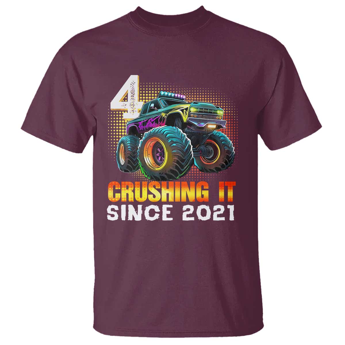 Monster Truck Birthday T Shirt Happy 4th Bday Party 4 Years Old Boy TS02 Maroon Print Your Wear