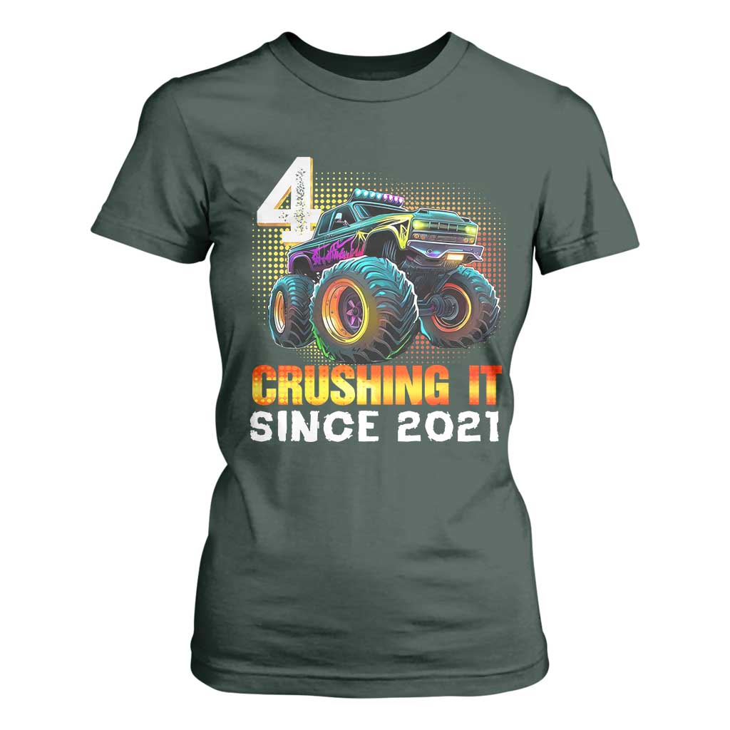 Monster Truck Birthday T Shirt For Women Happy 4th Bday Party 4 Years Old Boy TS02 Dark Forest Green Print Your Wear