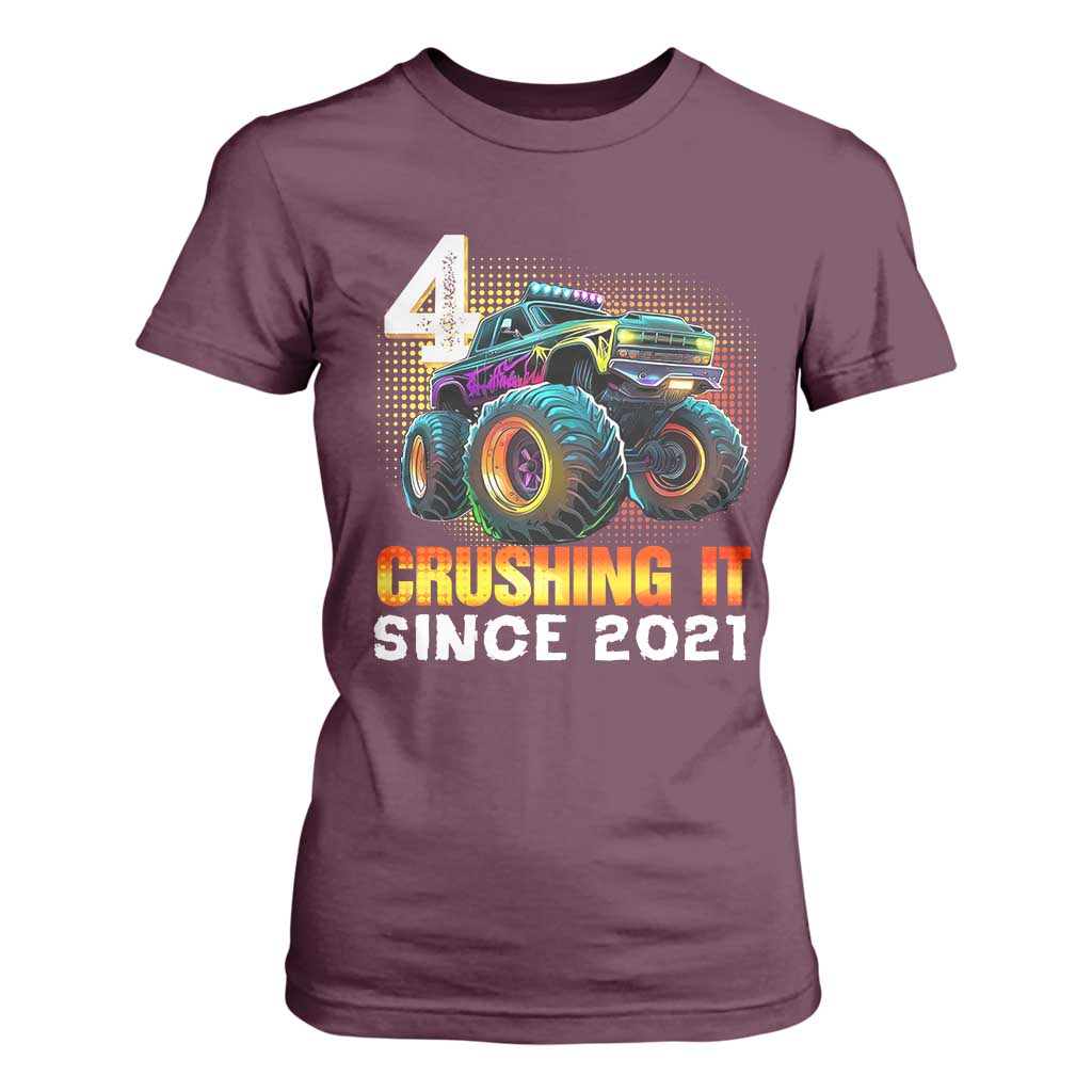 Monster Truck Birthday T Shirt For Women Happy 4th Bday Party 4 Years Old Boy TS02 Maroon Print Your Wear