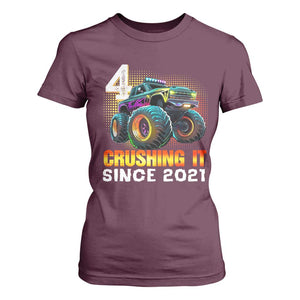 Monster Truck Birthday T Shirt For Women Happy 4th Bday Party 4 Years Old Boy TS02 Maroon Print Your Wear