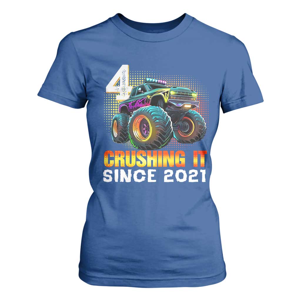 Monster Truck Birthday T Shirt For Women Happy 4th Bday Party 4 Years Old Boy TS02 Royal Blue Print Your Wear
