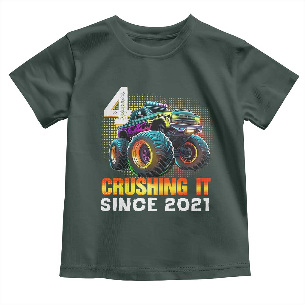Monster Truck Birthday Toddler T Shirt Happy 4th Bday Party 4 Years Old Boy TS02 Dark Forest Green Print Your Wear