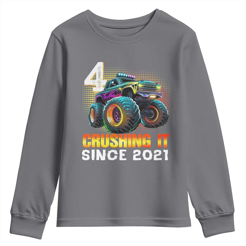 Monster Truck Birthday Youth Sweatshirt Happy 4th Bday Party 4 Years Old Boy TS02 Charcoal Print Your Wear