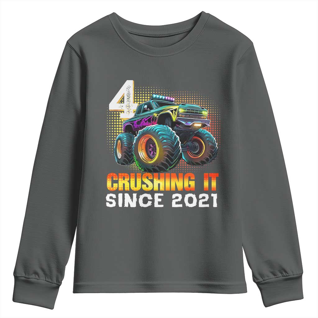 Monster Truck Birthday Youth Sweatshirt Happy 4th Bday Party 4 Years Old Boy TS02 Dark Heather Print Your Wear