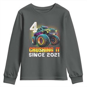 Monster Truck Birthday Youth Sweatshirt Happy 4th Bday Party 4 Years Old Boy TS02 Dark Heather Print Your Wear
