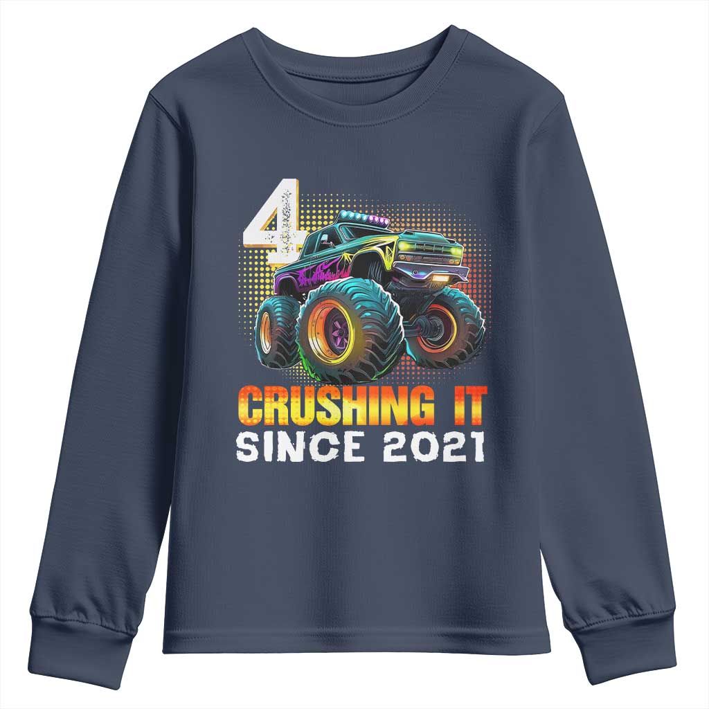 Monster Truck Birthday Youth Sweatshirt Happy 4th Bday Party 4 Years Old Boy TS02 Navy Print Your Wear