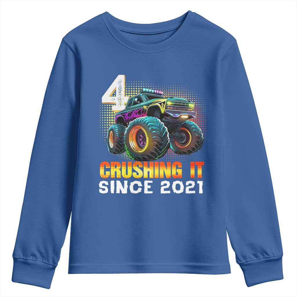 Monster Truck Birthday Youth Sweatshirt Happy 4th Bday Party 4 Years Old Boy TS02 Royal Blue Print Your Wear