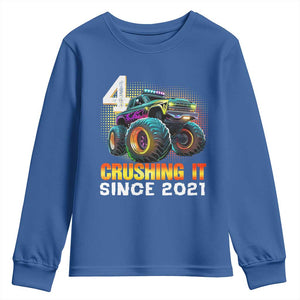 Monster Truck Birthday Youth Sweatshirt Happy 4th Bday Party 4 Years Old Boy TS02 Royal Blue Print Your Wear