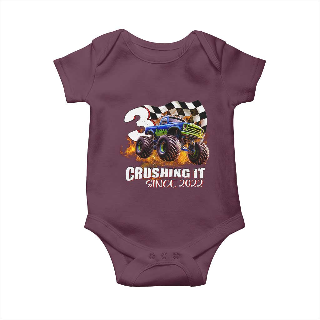 Monster Truck Birthday Baby Onesie Happy 3rd Bday Party 3 Years Old Boy TS02 Maroon Print Your Wear
