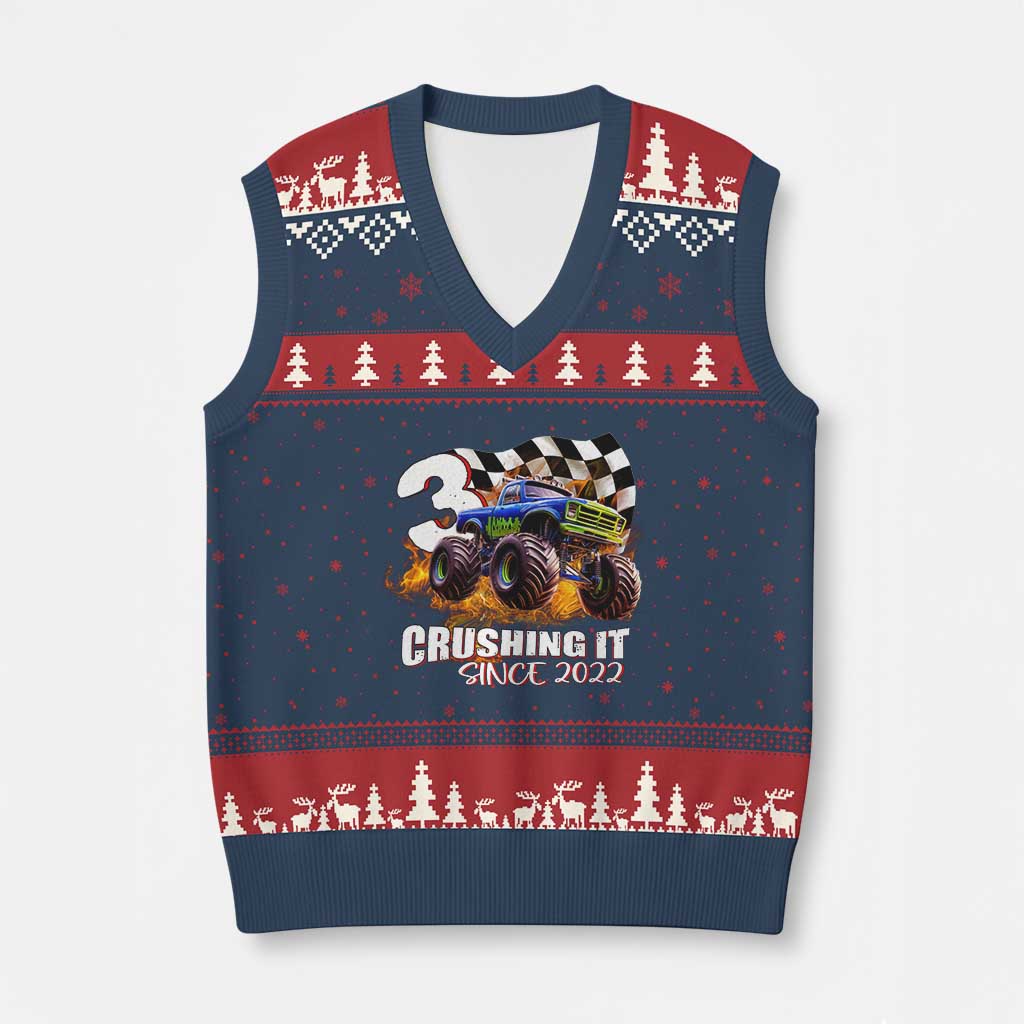 Monster Truck Birthday V-Neck Knit Sweater Vest Happy 3rd Bday Party 3 Years Old Boy TS02 Navy Red Print Your Wear