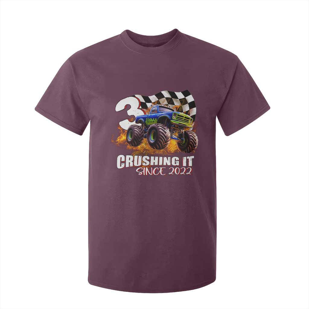 Monster Truck Birthday T Shirt For Kid Happy 3rd Bday Party 3 Years Old Boy TS02 Maroon Print Your Wear