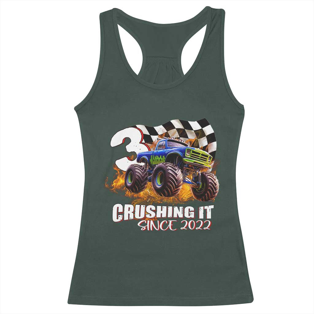 Monster Truck Birthday Racerback Tank Top Happy 3rd Bday Party 3 Years Old Boy TS02 Dark Forest Green Print Your Wear