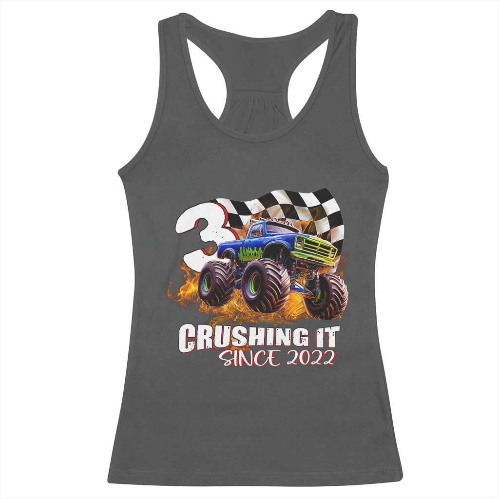 Monster Truck Birthday Racerback Tank Top Happy 3rd Bday Party 3 Years Old Boy TS02 Dark Heather Print Your Wear