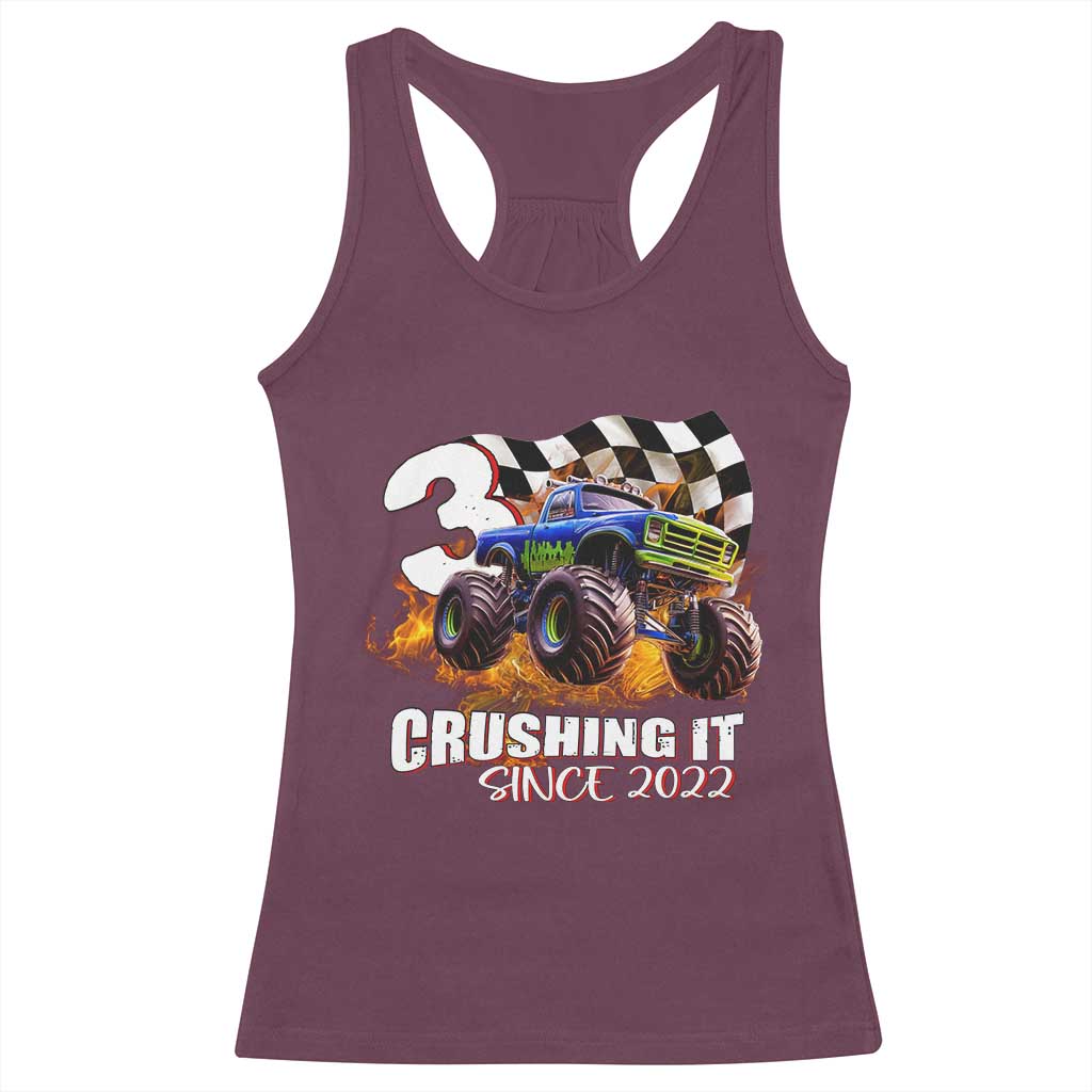 Monster Truck Birthday Racerback Tank Top Happy 3rd Bday Party 3 Years Old Boy TS02 Maroon Print Your Wear