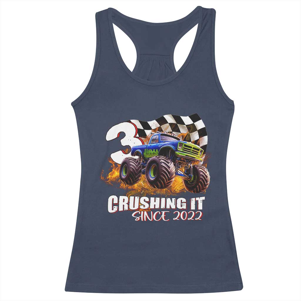 Monster Truck Birthday Racerback Tank Top Happy 3rd Bday Party 3 Years Old Boy TS02 Navy Print Your Wear