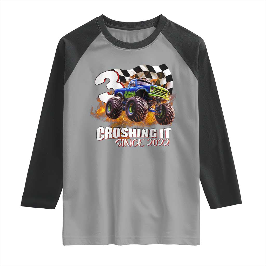 Monster Truck Birthday Raglan Shirt Happy 3rd Bday Party 3 Years Old Boy TS02 Sport Gray Black Print Your Wear