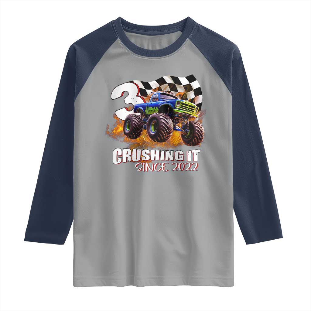 Monster Truck Birthday Raglan Shirt Happy 3rd Bday Party 3 Years Old Boy TS02 Sport Gray Navy Print Your Wear