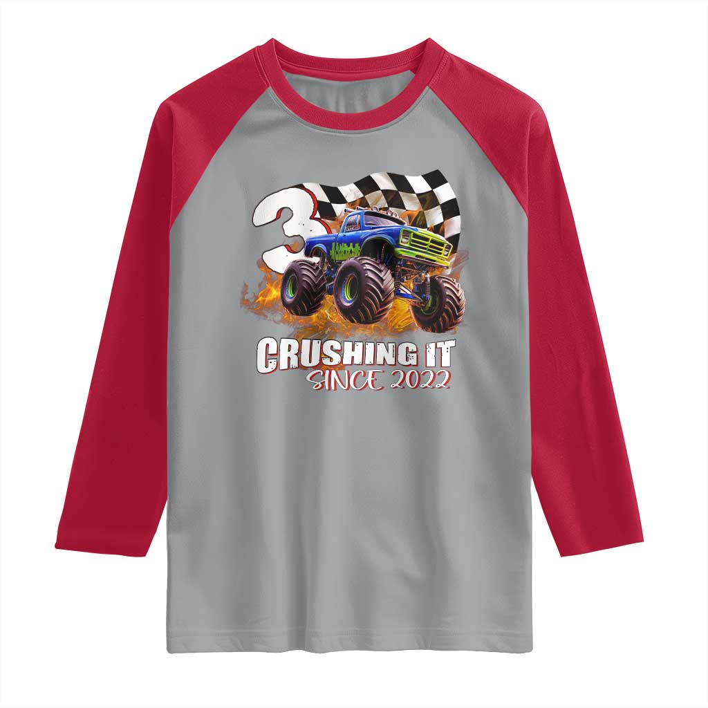 Monster Truck Birthday Raglan Shirt Happy 3rd Bday Party 3 Years Old Boy TS02 Sport Gray Red Print Your Wear