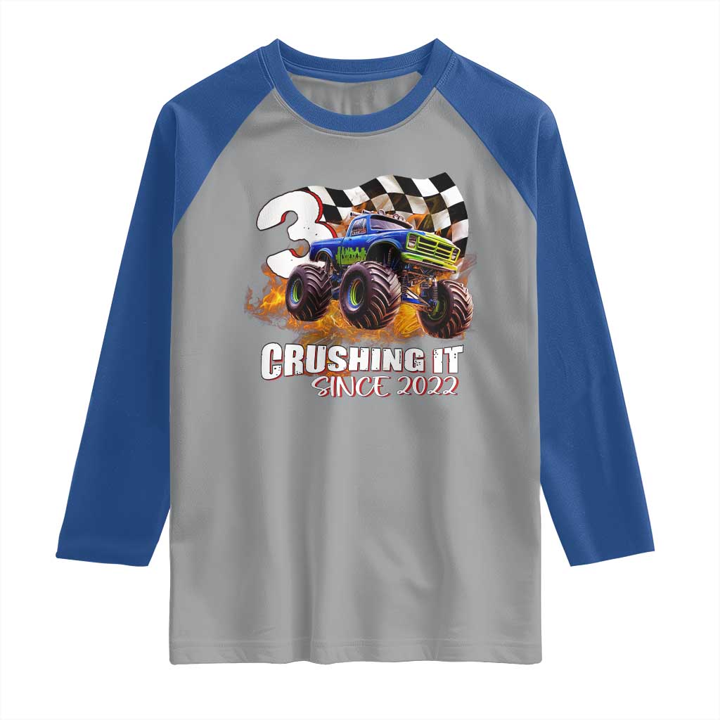 Monster Truck Birthday Raglan Shirt Happy 3rd Bday Party 3 Years Old Boy TS02 Sport Gray Royal Print Your Wear