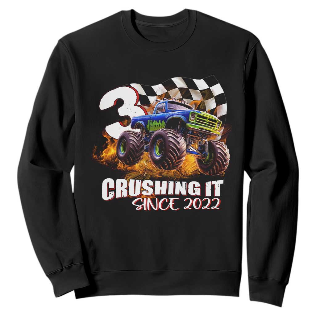 Monster Truck Birthday Sweatshirt Happy 3rd Bday Party 3 Years Old Boy TS02 Black Print Your Wear