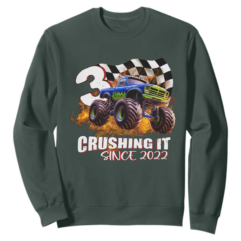 Monster Truck Birthday Sweatshirt Happy 3rd Bday Party 3 Years Old Boy TS02 Dark Forest Green Print Your Wear