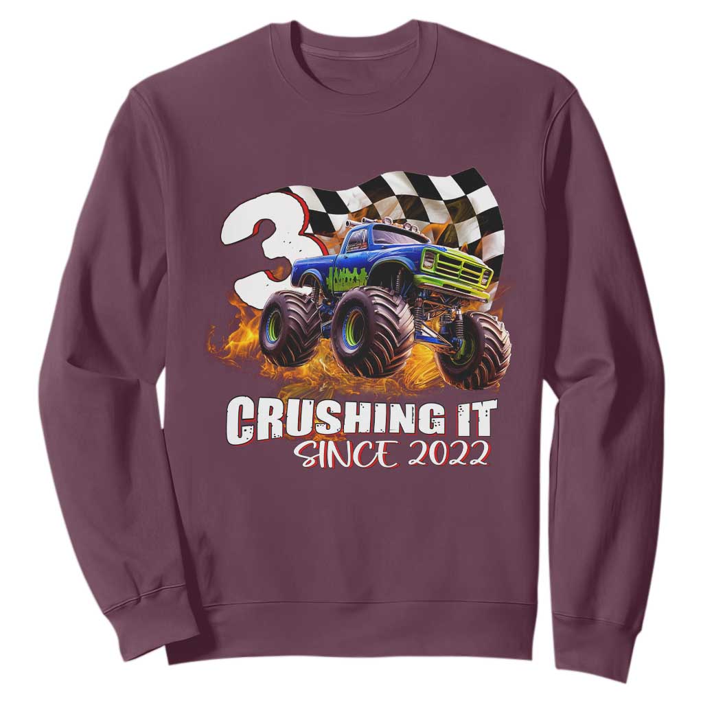 Monster Truck Birthday Sweatshirt Happy 3rd Bday Party 3 Years Old Boy TS02 Maroon Print Your Wear
