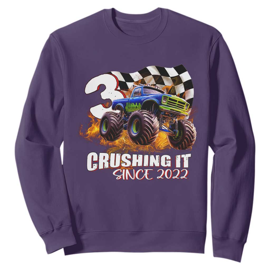 Monster Truck Birthday Sweatshirt Happy 3rd Bday Party 3 Years Old Boy TS02 Purple Print Your Wear