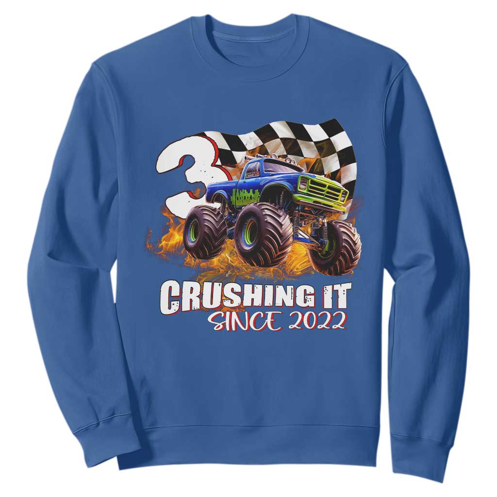 Monster Truck Birthday Sweatshirt Happy 3rd Bday Party 3 Years Old Boy TS02 Royal Blue Print Your Wear
