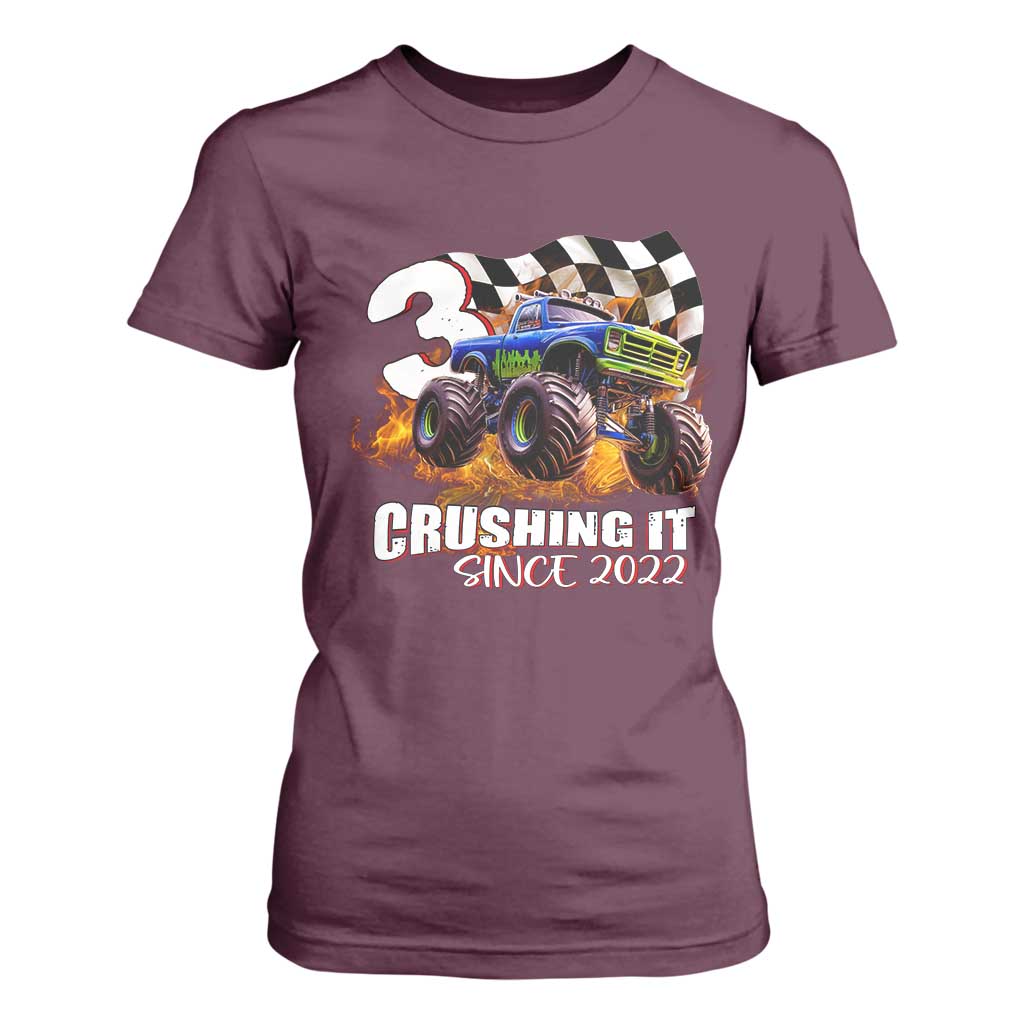 Monster Truck Birthday T Shirt For Women Happy 3rd Bday Party 3 Years Old Boy TS02 Maroon Print Your Wear