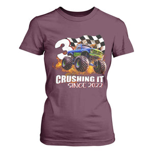 Monster Truck Birthday T Shirt For Women Happy 3rd Bday Party 3 Years Old Boy TS02 Maroon Print Your Wear