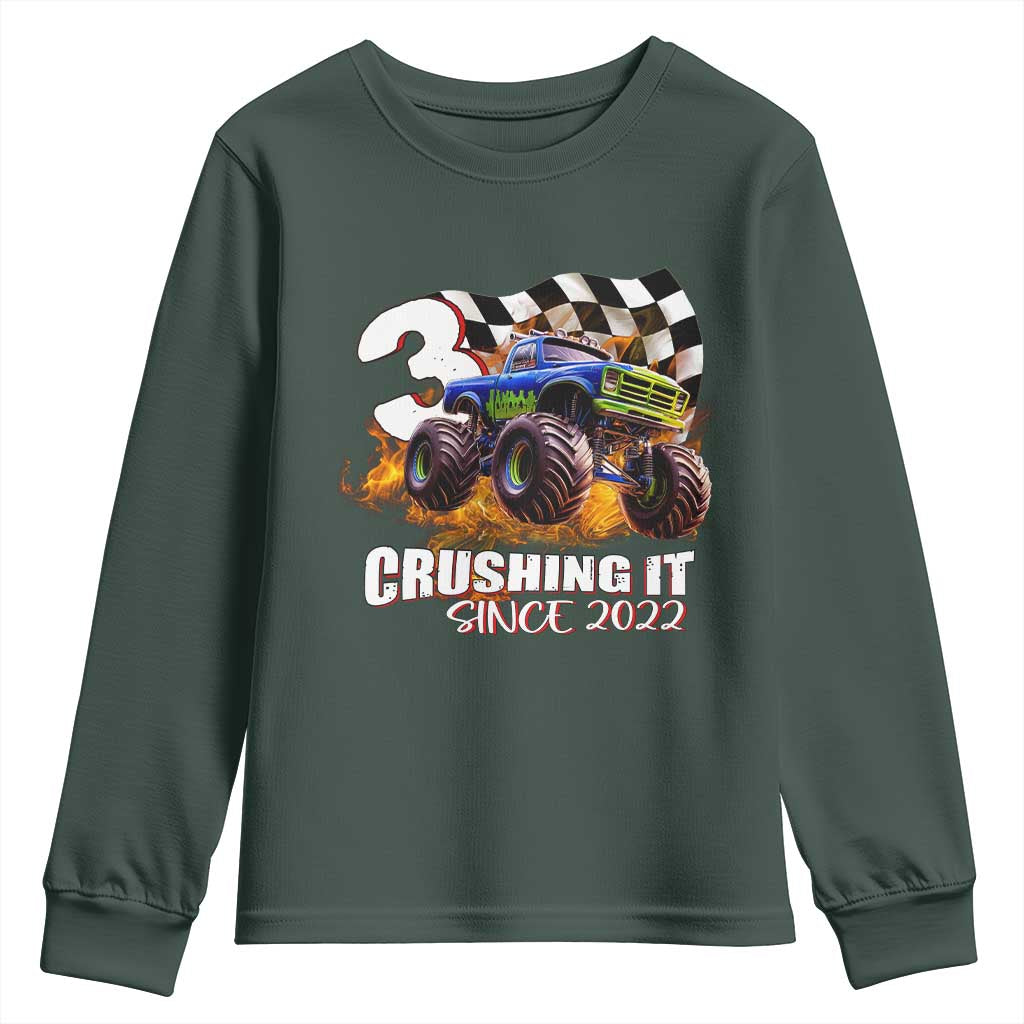 Monster Truck Birthday Youth Sweatshirt Happy 3rd Bday Party 3 Years Old Boy TS02 Dark Forest Green Print Your Wear