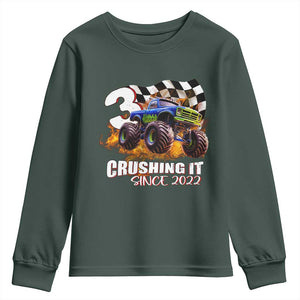 Monster Truck Birthday Youth Sweatshirt Happy 3rd Bday Party 3 Years Old Boy TS02 Dark Forest Green Print Your Wear