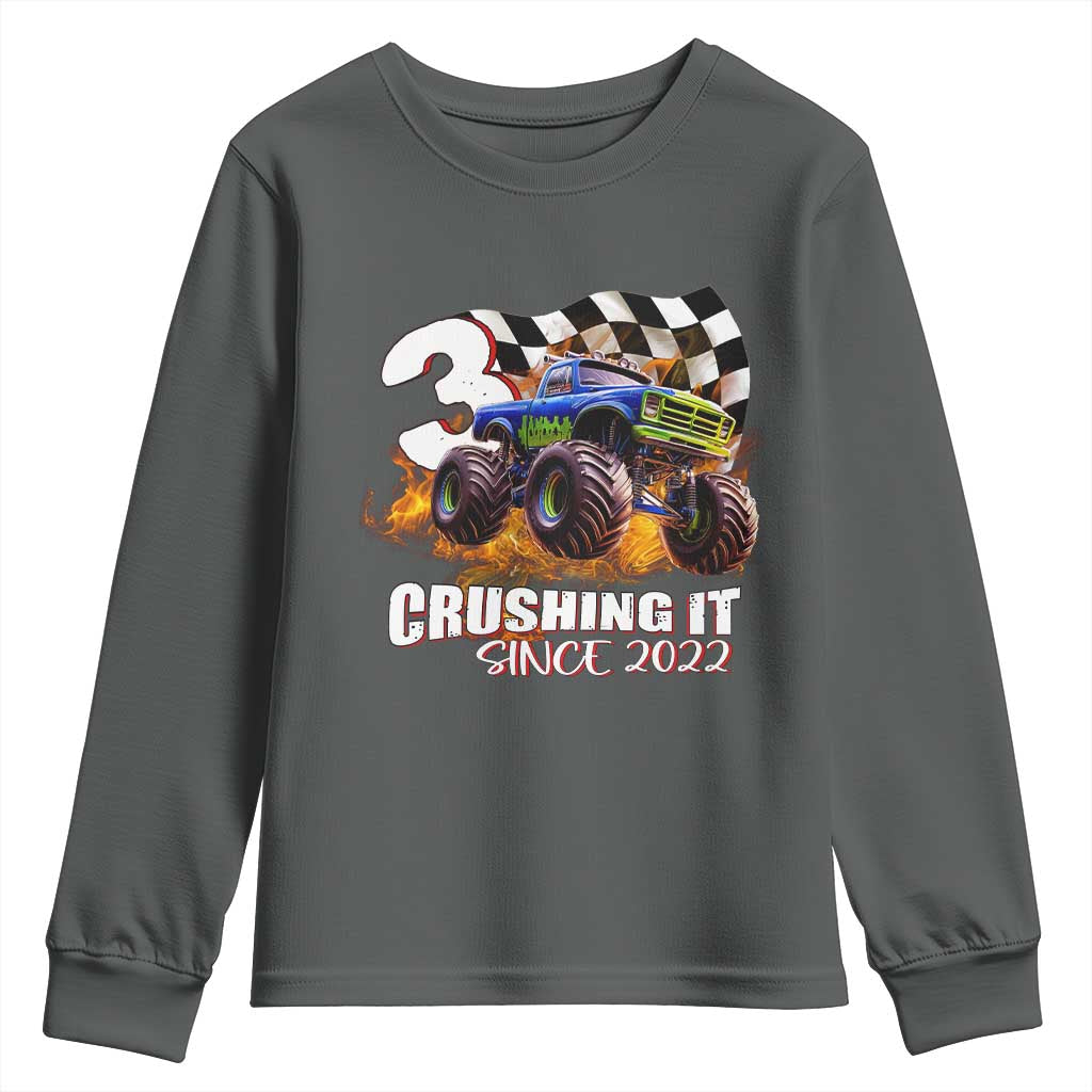 Monster Truck Birthday Youth Sweatshirt Happy 3rd Bday Party 3 Years Old Boy TS02 Dark Heather Print Your Wear
